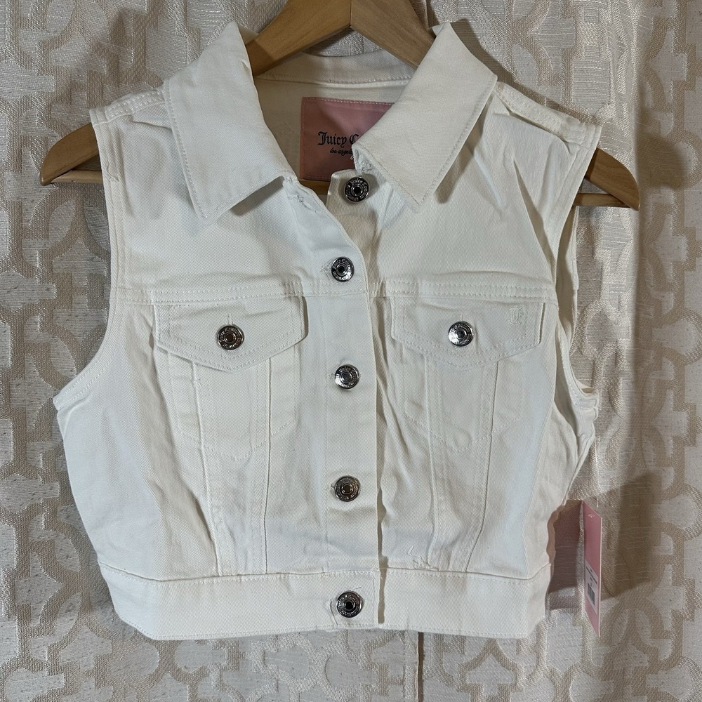 Y2K Juicy Couture White Denim Jacket Vest Womens Rhinestone Cropped Size Small